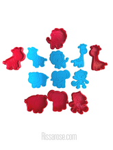 Load image into Gallery viewer, safari theme animals cookie cutter fondant embosser - zoo lion elephant zebra monkey hippo giraffe jungle animal