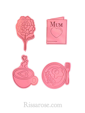 mother's day cookie cutter and stamp set  - breakfast, card, coffee and carnations flower all 4