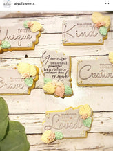 Load image into Gallery viewer, affirmation cookie stamps -you are strong brave loved kind beautiful unique creativity intelligent