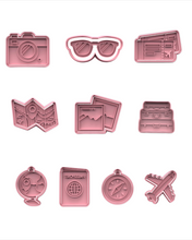 Load image into Gallery viewer, Travel Set Cookie Cutter Stamp stacked luggages globe passport boarding pass sunglasses