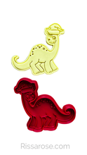 Load image into Gallery viewer, Christmas dinosaurs Cookie Cutters cute T-Rex Stegosaurus Apatosaurus PYO cookie