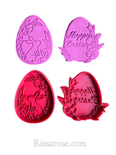 Load image into Gallery viewer, floral easter theme cookie cutter stamp - rabbit ears floral egg happy easter pyo cookie