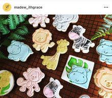 Load image into Gallery viewer, safari theme animals cookie cutter fondant embosser - zoo lion elephant zebra monkey hippo giraffe jungle animal