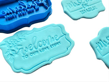 Load image into Gallery viewer, custom wedding cookie stamp - mr & mr est custom date, blank, or 2021 - welcome to our story