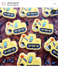 Load image into Gallery viewer, construction theme cookie cutter and embosser - road cone, dump truck, excavator, vest, helmet and concrete mixer/cement truck