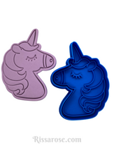 Load image into Gallery viewer, 2 styles unicorn cookie cutter and stamp - close eyes & bows unicorn