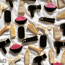 Load image into Gallery viewer, hairdresser hair salon cookie cutter stamp - hair dyer, hair clip, flat iron, scissors, roller, hair dye bowl, condition, and spray