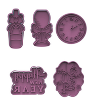 Load image into Gallery viewer, Happy New Year Cookie Fondant Cutter Stamps counting down clock Wine Glass 2024 Fireworks

