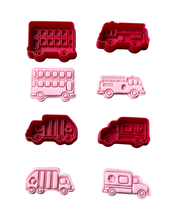 Load image into Gallery viewer, Vehicles Cookie Cutter Stamp tractor taxi firetruck police ambulance school bus double bus Beetle rubbish truck
