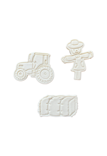 Load image into Gallery viewer, Farm elements cookie cutters and stamps tractor hay scarecrow
