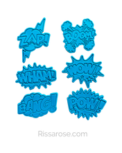 Load image into Gallery viewer, Sound effect cookie cutters and stamps - Boom Wham Bang Pow Zap Wow

