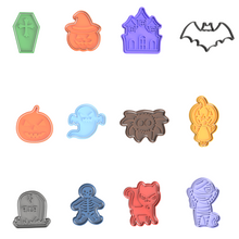 Load image into Gallery viewer, Halloween Cookie Fondant Cutter Stamp Skull Pumpkin Grave Witch Hat Mummy Candy Ghost
