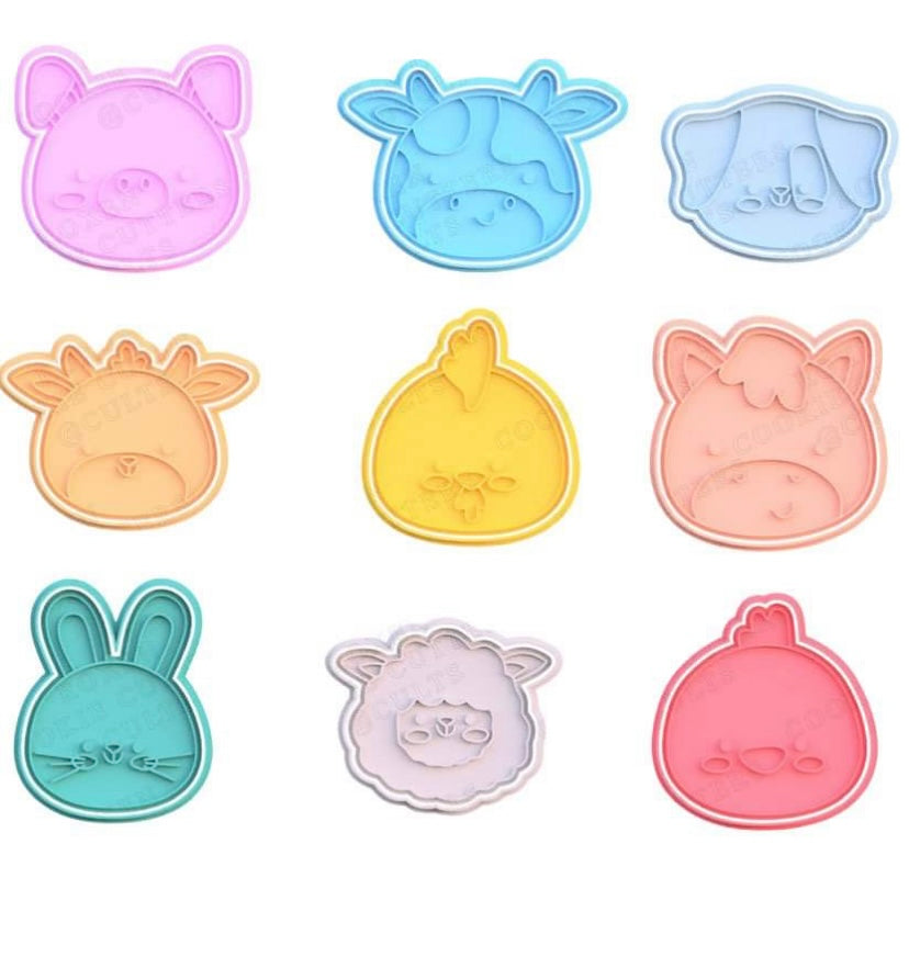 farm animals head face cookie cutters stamps - chicken horse lamb cow pig dog oat rabbit duck