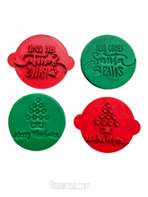 Load image into Gallery viewer, dog christmas cookie stamp cake fondant embosser - merry woofmas here comes to santa paw both embossers
