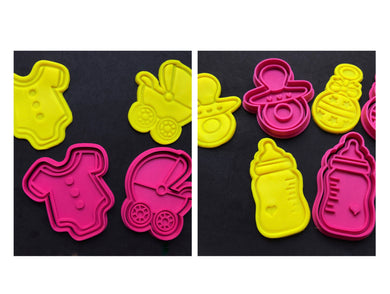 baby items cookie cutters stamps dummy rattle pram romper suit milk bottle fondant embosser all 5