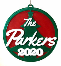 Load image into Gallery viewer, personalised christmas bauble translucent red with silky green christmas ornament xmas tree 
