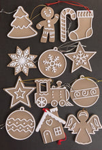 Load image into Gallery viewer, icing cookie christmas ornaments angel gingerbread man house tree train star sock bauble candy cane  all 13
