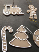Load image into Gallery viewer, icing cookie christmas ornaments angel gingerbread man house tree train star sock bauble candy cane 
