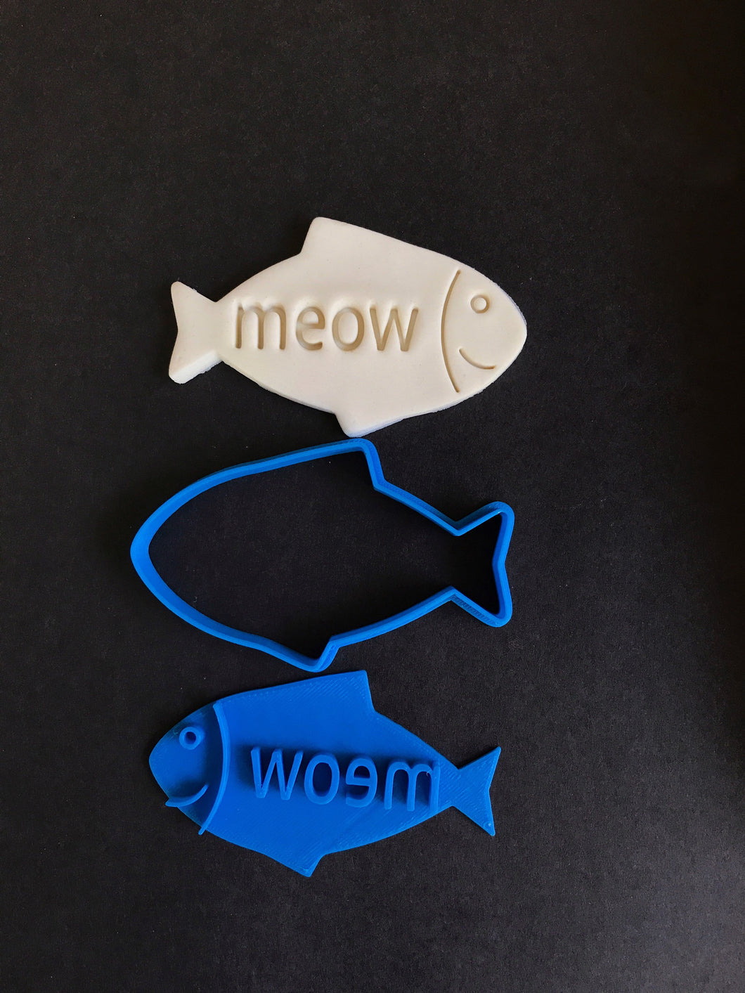 cat treat fish shape custom made cookie cutter stamp set with your cat name fondant embosser