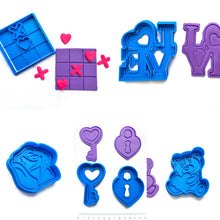 Load image into Gallery viewer, valentine&#39;s day cookie cutter stamp love rose key lock bear heart fondant embosser all 5
