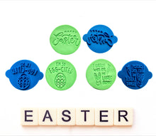 Load image into Gallery viewer, funny happy easter stamp cookie fondant clay tools - eggcited - carrot wait easter all 3
