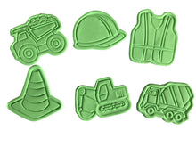 Load image into Gallery viewer, construction theme cookie cutter and embosser - road cone, dump truck, excavator, vest, helmet and concrete mixer/cement truck all 6
