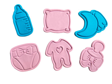 baby shower cookie cutters -  milk bottle, pillow, moon with wing, nappy with bow, romper, dummy with bow