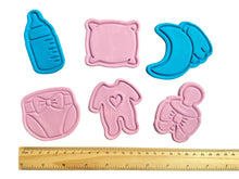 Load image into Gallery viewer, baby shower cookie cutters -  milk bottle, pillow, moon with wing, nappy with bow, romper, dummy with bow
