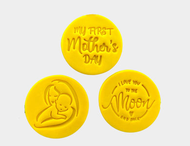 first mother's day cookie stamps set - my first mother's day,  love you to the moom back and baby in mum's arm