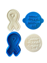Load image into Gallery viewer, biggest morning tea cookie stamp- cancer council - tea pot,tea cup, and cancer ribbon cutter with cancer ribbon
