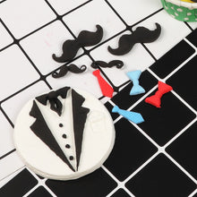 Load image into Gallery viewer, father&#39;s day silicone moulds - dad&#39;s backview, bowtie, mustache, and suit
