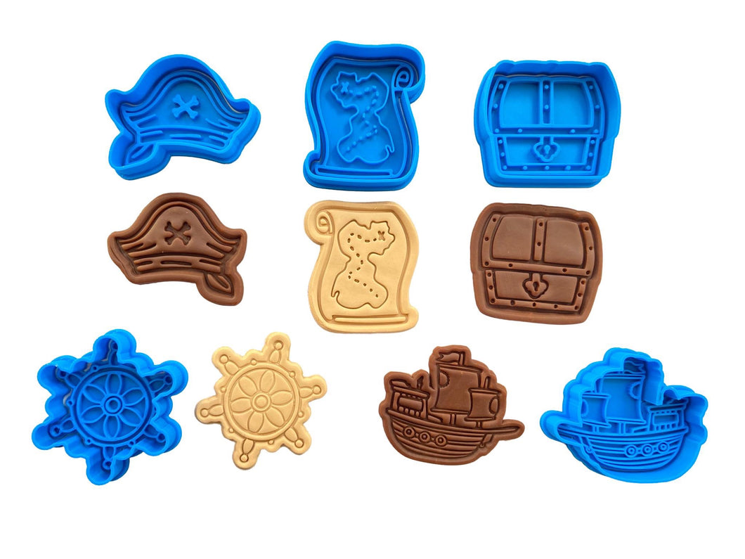 pirate cookie cutters stamps - hat map treasure box helm boat