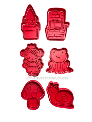 spring garden cookie cutter stamp- dwarf, snail, frog, water well, fairy and mushroom. all 6