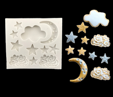 Load image into Gallery viewer, baby shower silicone mould - moon stars, cloud and abc block, baby shoes, rubber duck moon star mould
