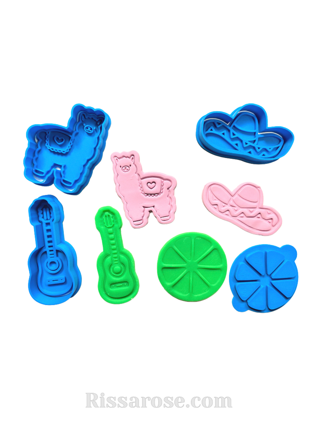 mexican theme cookie cutter stamp - llama, guitar, sombrero, lime