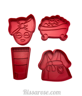 spa bath cookie cutter and stamp set  - mother's day cutter and stamp - bubble bath, bathrobe, cream, facial