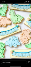 Load image into Gallery viewer, dinosaurs cookie cutter stamp t-rex stegosaurus brontosaurus tricerstops hatching number

