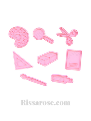 school elements cookie cutter stamp - art brush, paint pallet, notebook, scissors and magnify