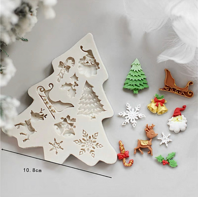 christmas elements silicone mould tree candy cane sleigh snow bell santa holly leaves