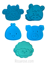 Load image into Gallery viewer, farm animals head face cookie cutters stamps - chicken horse lamb cow pig
