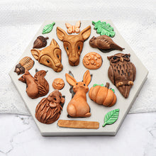 Load image into Gallery viewer, silicone cake mould owl deer hedgehog squirrel bunny fox bird pumpkin woodland
