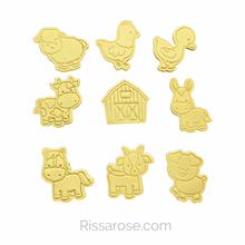 Load image into Gallery viewer, Farm animals cookie cutters and stamps - barn duck donkey chicken horse lamb cow bull pig
