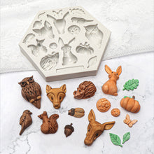 Load image into Gallery viewer, silicone cake mould owl deer hedgehog squirrel bunny fox bird pumpkin woodland
