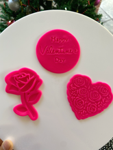 Load image into Gallery viewer, happy valentine&#39;s day cookie stamps rose floral heart fondant embosser all 3
