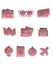 Load image into Gallery viewer, Travel Set Cookie Cutter Stamp stacked luggages globe passport boarding pass sunglasses
