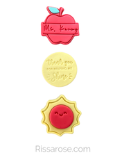 Load image into Gallery viewer, Teacher cookie cutter set thank you for helping me apple thank you sun
